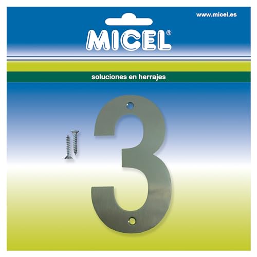 MICEL 10540 Hausnummer 3, Edelstahl, silberfarben, inklusive Schrauben, 71 x 127 x 2 mm von Micel