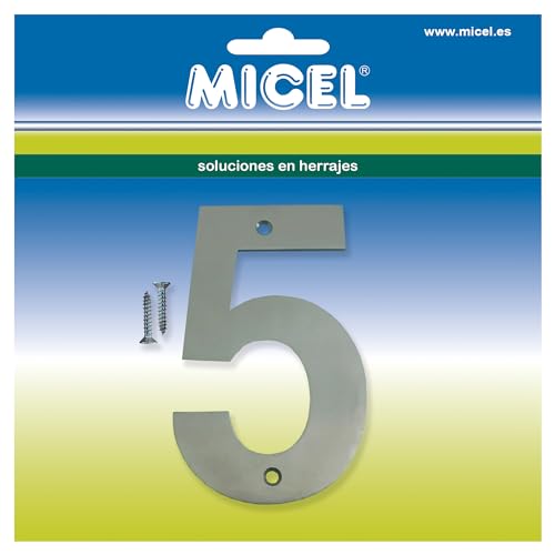 MICEL 10542 Hausnummer 5, Edelstahl, silberfarben, inklusive Schrauben, 76 x 127 x 2 mm von Micel