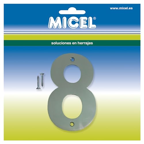 MICEL 10545 Hausnummer 8, Edelstahl, silberfarben, inklusive Schrauben, 76 x 127 x 2 mm von Micel