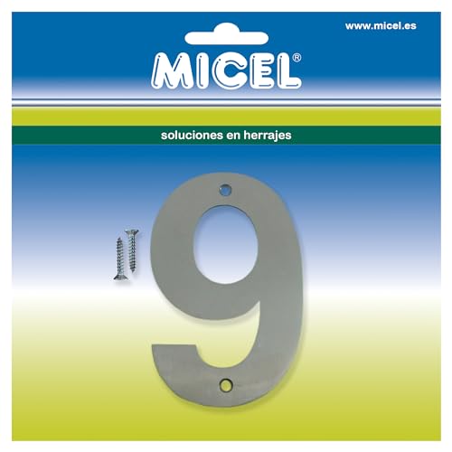 MICEL 10546 Hausnummer 9, Edelstahl, silberfarben, inklusive Schrauben, 80 x 127 x 2 mm von Micel