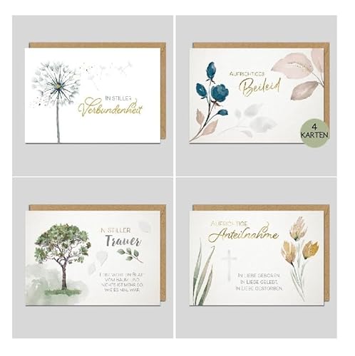 Michel Verlag 4er Set Trauerkarten Set Beileidskarten mit Umschlag - Hochwertig - Kondolenzkarte Beileid Trauer - Klappkarten als Set - MADE IN GERMANY (Aquarell Natur) von Michel Verlag