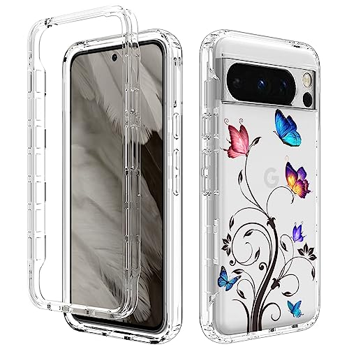 Micnos Die Handyhülle ist kompatibel mit Google Pixel 8 PRO, All-in-One 2-in-1-TPU/PC-Schutz, Bunte ultradünne Schutzhülle – bunter Schmetterling + 1X gehärtete Folie von Micnos