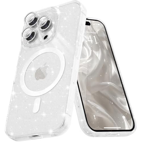 Micoden Glitzer Hülle für iPhone 15 Pro Max,kompatibel mit MagSafe [Diamant Kamera Schutzfolie] Kameraschutz Magnetische Handyhülle Dünne Weich Silikon TPU Case Mädchen Stoßfeste Schutzhülle,Klar von Micoden