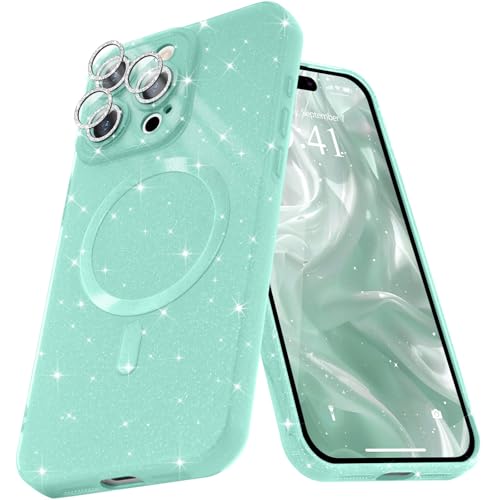 Micoden Glitzer Hülle für iPhone 16 Pro,kompatibel mit MagSafe [Diamant Kamera Schutzfolie] Kameraschutz Magnetische Handyhülle Dünne Weich Silikon TPU Case Mädchen Stoßfeste Schutzhülle,Mintgrün von Micoden