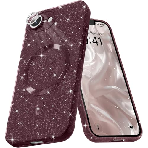 Micoden Glitzer Hülle für iPhone 16e,kompatibel mit MagSafe [Diamant Kamera Schutzfolie] Kameraschutz Magnetische Handyhülle Dünne Weich Silikon TPU Case Mädchen Stoßfeste Schutzhülle,Kastanienrot von Micoden