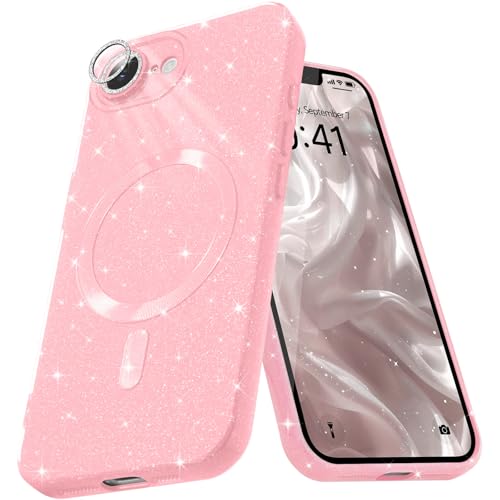 Micoden Glitzer Hülle für iPhone 16e,kompatibel mit MagSafe [Diamant Kamera Schutzfolie] Kameraschutz Magnetische Handyhülle Dünne Weich Silikon TPU Case Mädchen Stoßfeste Schutzhülle,Rosa von Micoden