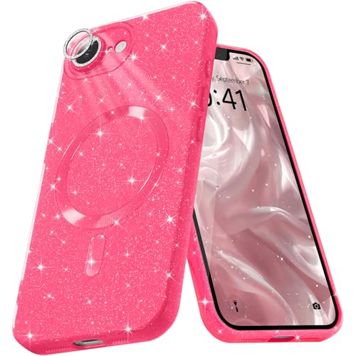 Micoden Glitzer Hülle für iPhone 16e,kompatibel mit MagSafe [Diamant Kamera Schutzfolie] Kameraschutz Magnetische Handyhülle Dünne Weich Silikon TPU Case Mädchen Stoßfeste Schutzhülle,Rose Rot von Micoden