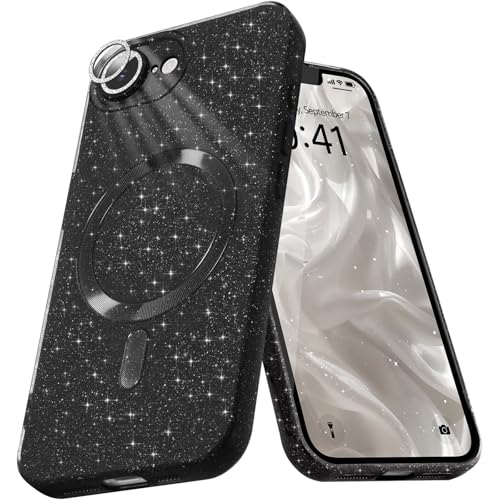 Micoden Glitzer Hülle für iPhone 16e,kompatibel mit MagSafe [Diamant Kamera Schutzfolie] Kameraschutz Magnetische Handyhülle Dünne Weich Silikon TPU Case Mädchen Stoßfeste Schutzhülle,Schwarz von Micoden