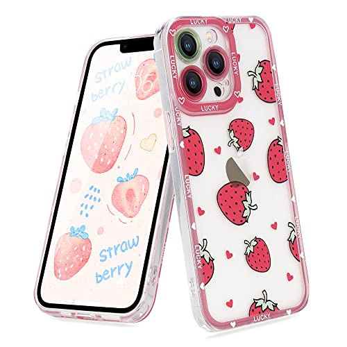 Micoden Handyhülle kompatibel mit iPhone 13 Pro Max Transparente Hülle Mädchen süßes Herz rosa Erdbeeren Obst Motiv weiche TPU Silikonhülle Kameraschutz stoßfest Schutzhülle,Lucky Love von Micoden