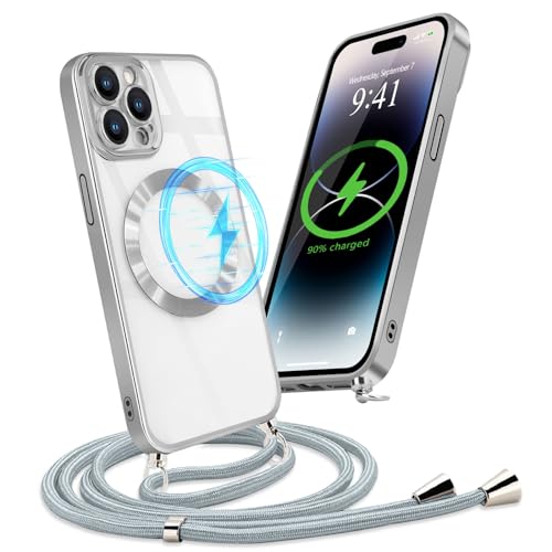 Micoden Handykette Hülle für iPhone 14 Pro mit Band Kompatibel mit MagSafe Kabellosem Laden Kameraschutz Vollständiger Transparent Silikon Case Kordel zum Umhängen Handyhülle Schutzhülle,Silber von Micoden