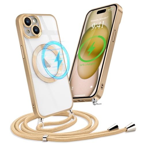 Micoden Handykette Hülle für iPhone 15 mit Band Kompatibel mit MagSafe Kabellosem Laden Kameraschutz Vollständiger Transparent Silikon Case Kordel zum Umhängen Handyhülle Schutzhülle,Gold von Micoden