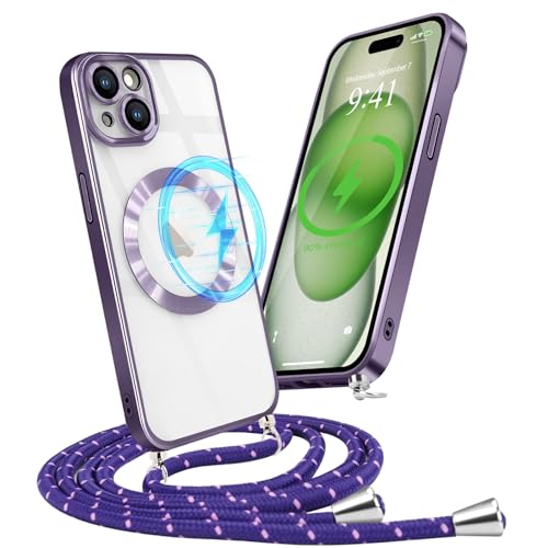 Micoden Handykette Hülle für iPhone 15 mit Band Kompatibel mit MagSafe Kabellosem Laden Kameraschutz Vollständiger Transparent Silikon Case Kordel zum Umhängen Handyhülle Schutzhülle,Lila von Micoden