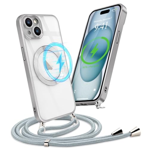 Micoden Handykette Hülle für iPhone 15 mit Band Kompatibel mit MagSafe Kabellosem Laden Kameraschutz Vollständiger Transparent Silikon Case Kordel zum Umhängen Handyhülle Schutzhülle,Silber von Micoden