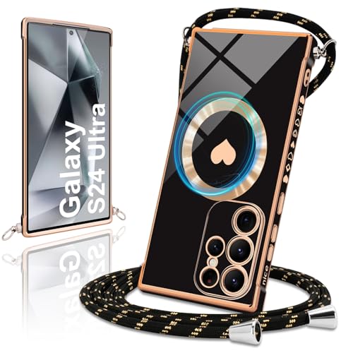 Micoden Handykette für Samsung Galaxy S24 Ultra 5G Hülle Necklace mit Band, Kompatibel mit MagSafe, Magnetische Handyhülle für zum Umhängen Kordel Kameraschutz Stoßfeste Herz Schutzhülle,Schwarz von Micoden