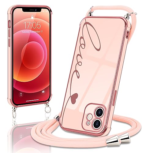 Micoden Handykette für iPhone 12 Necklace Hülle mit Band,Handyhülle für Kordel zum Umhängen,Kameraschutz Herz Love Design Galvanik Silikon Case Bumper Stoßfeste Schutzhülle,Liebe Rosa von Micoden