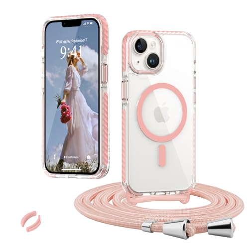Micoden Magnetische Handyktte für iPhone 13/14 Hülle mit Band Transparent Necklace Handyhülle, Stoßfeste Schutzhülle, Kompatibel mit MagSafe, Abnehmbar Kordel zum Umhängen Silikon TPU Case, Rosa von Micoden