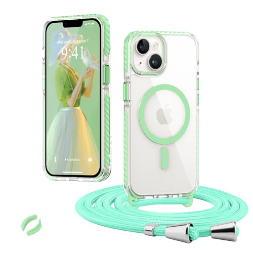 Micoden Magnetische Handyktte für iPhone 13/14 Hülle mit Band Transparent Necklace Handyhülle, Stoßfeste Schutzhülle, Kompatibel mit MagSafe, Abnehmbar Kordel zum Umhängen Silikon TPU Case, Grün von Micoden