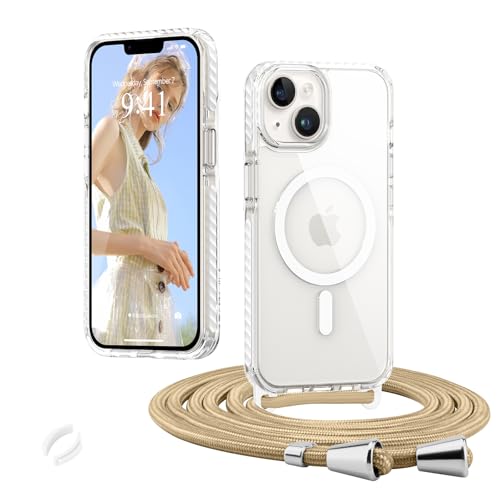 Micoden Magnetische Handyktte für iPhone 13/14 Hülle mit Band Transparent Necklace Handyhülle, Stoßfeste Schutzhülle, Kompatibel mit MagSafe, Abnehmbar Kordel zum Umhängen Silikon TPU Case, Weiß von Micoden