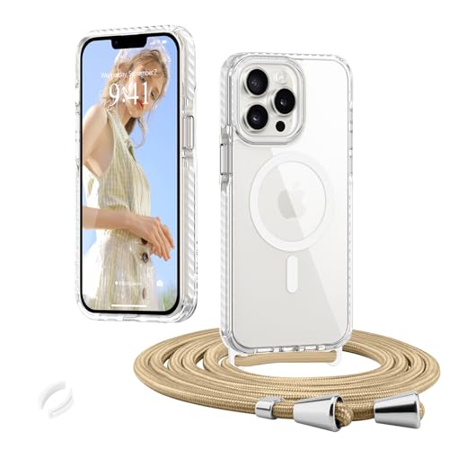 Micoden Magnetische Handyktte für iPhone 13 Pro Max Hülle mit Band Transparent Necklace Handyhülle, Stoßfeste Schutzhülle, Kompatibel mit MagSafe, Abnehmbar Kordel zum Umhängen Silikon TPU Case, Weiß von Micoden