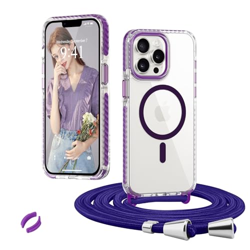 Micoden Magnetische Handyktte für iPhone 13 Pro Max Hülle mit Band Transparent Necklace Handyhülle, Stoßfeste Schutzhülle, Kompatibel mit MagSafe, Abnehmbar Kordel zum Umhängen Silikon TPU Case, Lila von Micoden