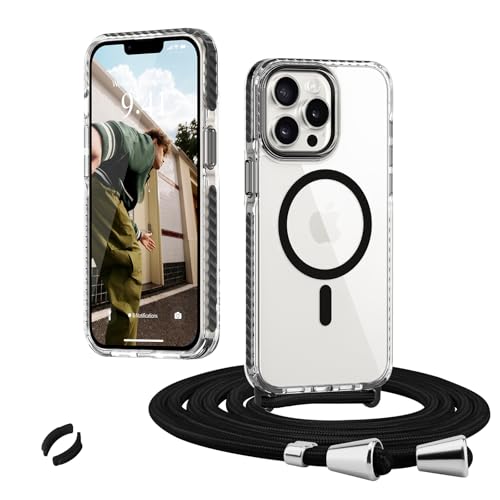 Micoden Magnetische Handyktte für iPhone 13 Pro Max Hülle mit Band Transparent Necklace Handyhülle, Stoßfeste Schutzhülle, Kompatibel mit MagSafe, Abnehmbar Kordel zum Umhängen Silikon Case, Schwarz von Micoden