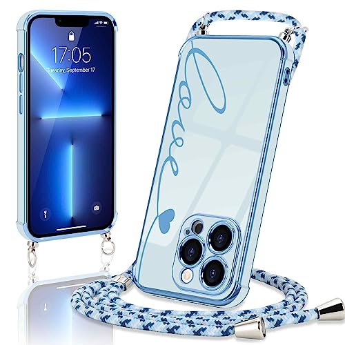 Micoden Handykette für iPhone 13 Pro Necklace Hülle mit Band,Handyhülle für Kordel zum Umhängen,Kameraschutz Herz Love Design Galvanik Silikon Case Bumper Stoßfeste Schutzhülle,Liebe Blau von Micoden