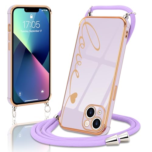 Micoden Handykette für iPhone 14 Necklace Hülle mit Band,Handyhülle für Kordel zum Umhängen,Kameraschutz Herz Love Design Galvanik Silikon Case Bumper Stoßfeste Schutzhülle,Liebe Lila von Micoden