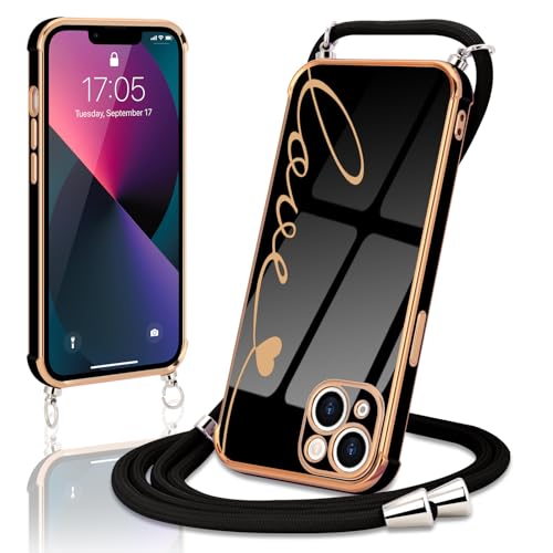 Micoden Handykette für iPhone 14 Necklace Hülle mit Band,Handyhülle für Kordel zum Umhängen,Kameraschutz Herz Love Design Galvanik Silikon Case Bumper Stoßfeste Schutzhülle,Liebe Schwarz von Micoden