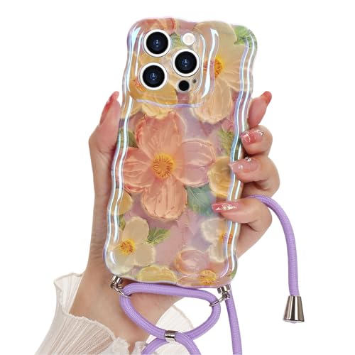 Micoden Handykette für iPhone 14 Pro Hülle Blumen Buntes Retro-Ölgemälde Niedlich Handyhülle Kameraschutz Glitzer Laser Wellen Rahmenform Kordel zum Umhängen Silikon Case Schutzhülle mit Band,Rosa von Micoden