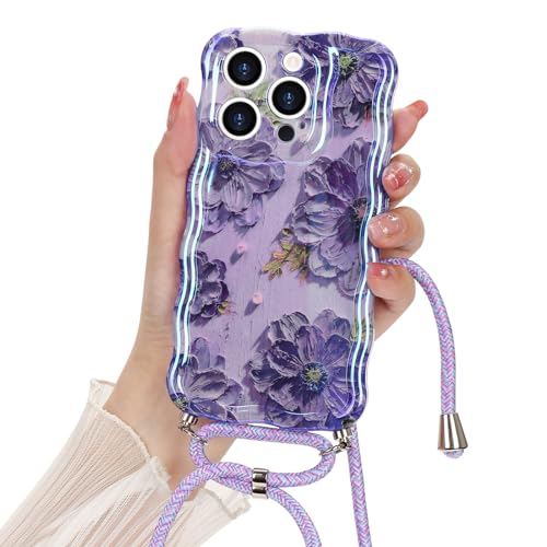 Micoden Handykette für iPhone 14 Pro Hülle Blumen Mädchen Laser Glänzendes Lockiges Wellen Rahmenform Handyhülle Kordel zum Umhängen Weich Silikon TPU Case Stoßfeste Schutzhülle mit Band,Lila von Micoden