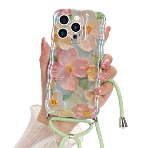 Micoden Handykette für iPhone 14 Pro Hülle Blumen mit Band Mädchen Vintage Ölgemälde Handyhülle Kameraschutz Glitzer Wellen Rahmenform Kordel zum Umhängen Silikon TPU Case Stoßfeste Schutzhülle,Grün von Micoden