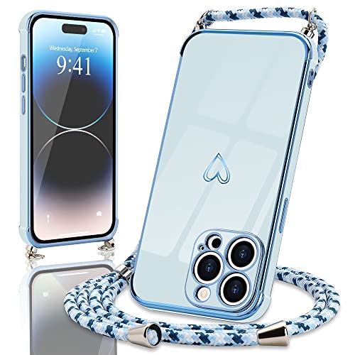 Micoden Handykette für iPhone 14 Pro Max Necklace Hülle mit Band,Handyhülle für Kordel zum Umhängen,Kameraschutz Herz Love Design Galvanik Silikon Case Bumper Stoßfeste Schutzhülle,Blau von Micoden