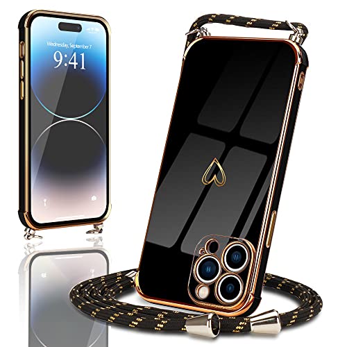 Micoden Handykette für iPhone 14 Pro Max Necklace Hülle mit Band,Handyhülle für Kordel zum Umhängen,Kameraschutz Herz Love Design Galvanik Silikon Case Bumper Stoßfeste Schutzhülle,Schwarz von Micoden