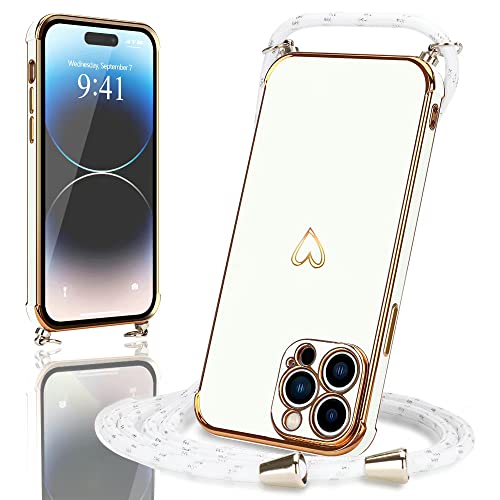 Micoden Handykette für iPhone 14 Pro Max Necklace Hülle mit Band,Handyhülle für Kordel zum Umhängen,Kameraschutz Herz Love Design Galvanik Silikon Case Bumper Stoßfeste Schutzhülle,Weiß von Micoden