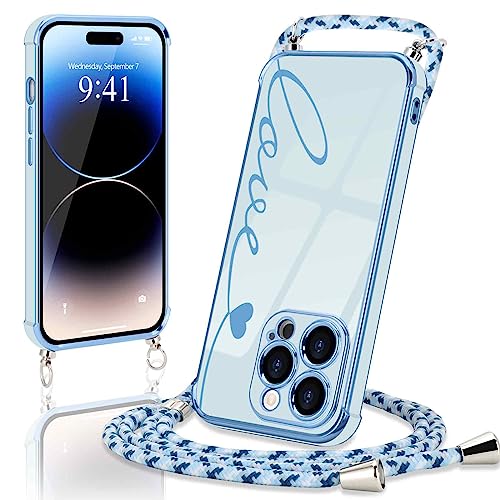 Micoden Handykette für iPhone 14 Pro Necklace Hülle mit Band,Handyhülle für Kordel zum Umhängen,Kameraschutz Herz Love Design Galvanik Silikon Case Bumper Stoßfeste Schutzhülle,Liebe Blau von Micoden