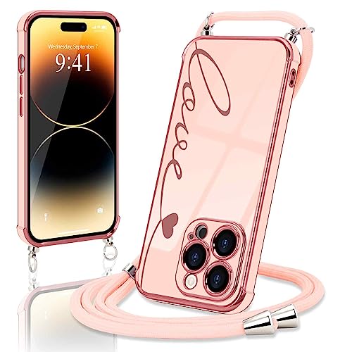 Micoden Handykette für iPhone 14 Pro Necklace Hülle mit Band,Handyhülle für Kordel zum Umhängen,Kameraschutz Herz Love Design Galvanik Silikon Case Bumper Stoßfeste Schutzhülle,Liebe Rosa von Micoden