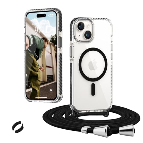 Micoden Magnetische Handyktte für iPhone 15 Hülle mit Band Transparent Necklace Handyhülle, Stoßfeste Schutzhülle, Kompatibel mit MagSafe, Abnehmbar Kordel zum Umhängen Silikon TPU Case, Schwarz von Micoden