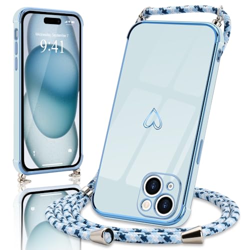 Micoden Handykette für iPhone 15 Plus Necklace Hülle mit Band,Handyhülle für Kordel zum Umhängen,Kameraschutz Herz Love Design Galvanik Silikon Case Bumper Stoßfeste Schutzhülle,Blau von Micoden