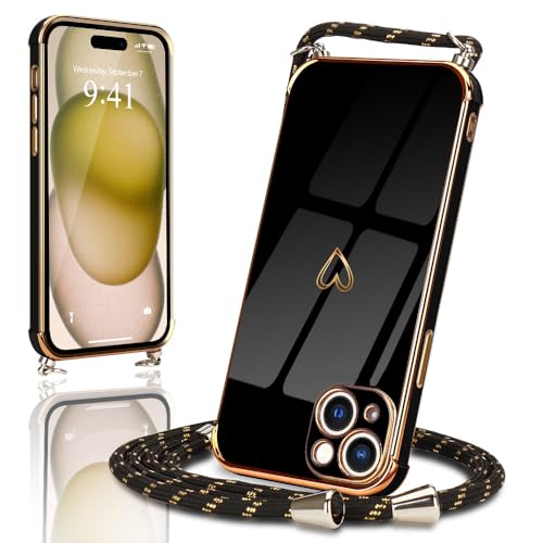 Micoden Handykette für iPhone 15 Plus Necklace Hülle mit Band,Handyhülle für Kordel zum Umhängen,Kameraschutz Herz Love Design Galvanik Silikon Case Bumper Stoßfeste Schutzhülle,Schwarz von Micoden