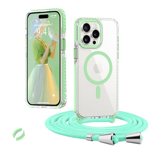 Micoden Magnetische Handyktte für iPhone 15 Pro Max Hülle mit Band Transparent Necklace Handyhülle, Stoßfeste Schutzhülle, Kompatibel mit MagSafe, Abnehmbar Kordel zum Umhängen Silikon TPU Case, Grün von Micoden