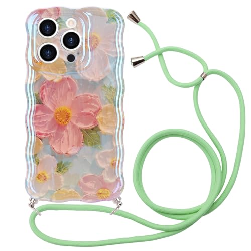 Micoden Handykette für iPhone 15 Pro Max Hülle Blumen mit Band Mädchen Vintage Ölgemälde Handyhülle Kordel zum Umhängen Kameraschutz Glitzer Wellen Rahmenform Silikon Case Stoßfeste Schutzhülle,Grün von Micoden