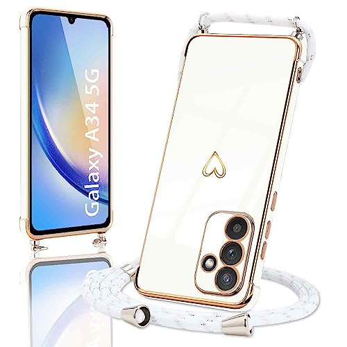 Micoden Handykette kompatibel mit Samsung Galaxy A34 5G Ultra dünn Kameraschutz Herz Love Design Galvanik TPU Silikon Bumper Abnehmbar Kordel zum Umhängen Handyhülle mit Band,Weiß von Micoden