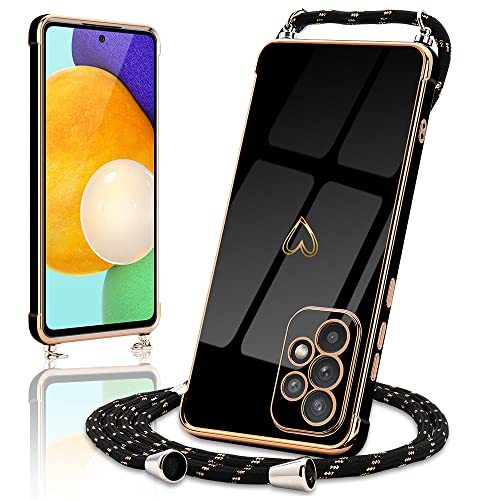 Micoden Handykette kompatibel mit Samsung Galaxy A52/A52 5G, Samsung A52s 5G Ultra dünn Kameraschutz Herz Love Design Galvanik TPU Silikon Bumper Kordel zum Umhängen Handyhülle mit Band,Schwarz von Micoden