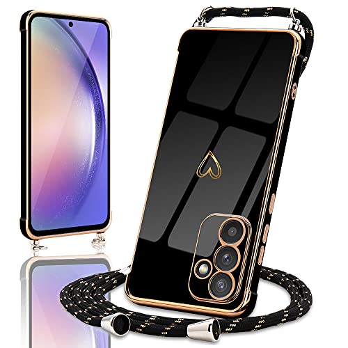 Micoden Handykette kompatibel mit Samsung Galaxy A54 5G, Ultra dünn Kameraschutz Herz Love Design Galvanik TPU Silikon Bumper Kordel zum Umhängen Handyhülle mit Band,Schwarz von Micoden