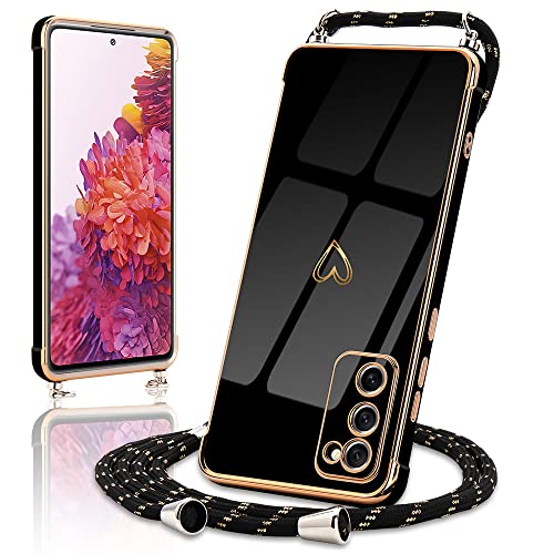 Micoden Handykette kompatibel mit Samsung Galaxy S20 FE 4G/S20 FE 5G Ultra dünn Kameraschutz Herz Love Design Galvanik TPU Silikon Bumper Kordel zum Umhängen Handyhülle mit Band Schutzhülle,Schwarz von Micoden