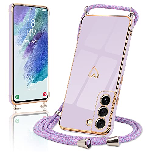 Micoden Handykette kompatibel mit Samsung Galaxy S21 FE 5G hülle Ultra dünn Kameraschutz Herz Love Design Galvanik TPU Silikon Bumper Kordel zum Umhängen Handyhülle mit Band Schutzhülle,Lila von Micoden