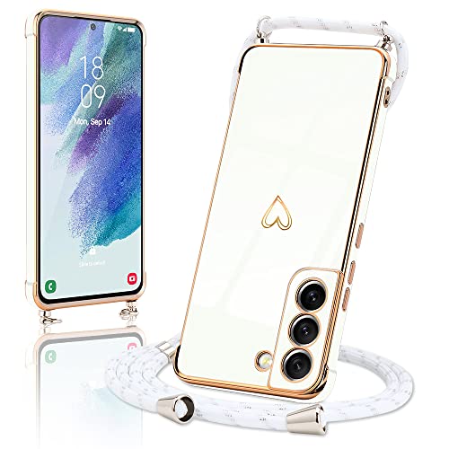 Micoden Handykette kompatibel mit Samsung Galaxy S21 FE 5G hülle Ultra dünn Kameraschutz Herz Love Design Galvanik TPU Silikon Bumper Kordel zum Umhängen Handyhülle mit Band Schutzhülle,Weiß von Micoden