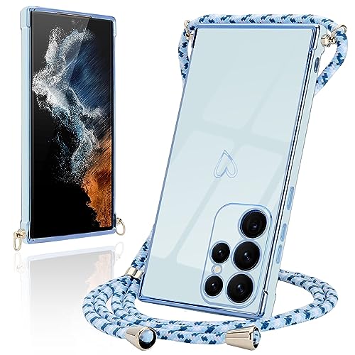 Micoden Handykette kompatibel mit Samsung Galaxy S22 Ultra 5G Ultra dünn Kameraschutz Herz Love Design Galvanik TPU Silikon Bumper Kordel zum Umhängen Handyhülle mit Band,Blau von Micoden