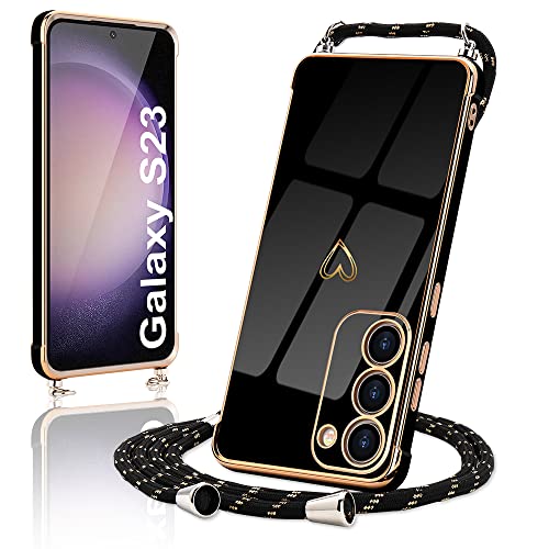 Micoden Handykette kompatibel mit Samsung Galaxy S23 5G hülle,Kameraschutz Herz Love Design Galvanik Ultra dünn TPU Silikon Bumper Case Kordel zum Umhängen Handyhülle mit Band Schutzhülle,Schwarz von Micoden