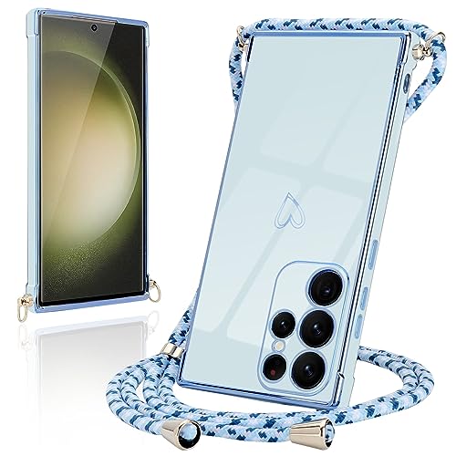 Micoden Handykette kompatibel mit Samsung Galaxy S23 Ultra 5G Ultra dünn Kameraschutz Herz Love Design Galvanik TPU Silikon Bumper Kordel zum Umhängen Handyhülle mit Band,Blau von Micoden